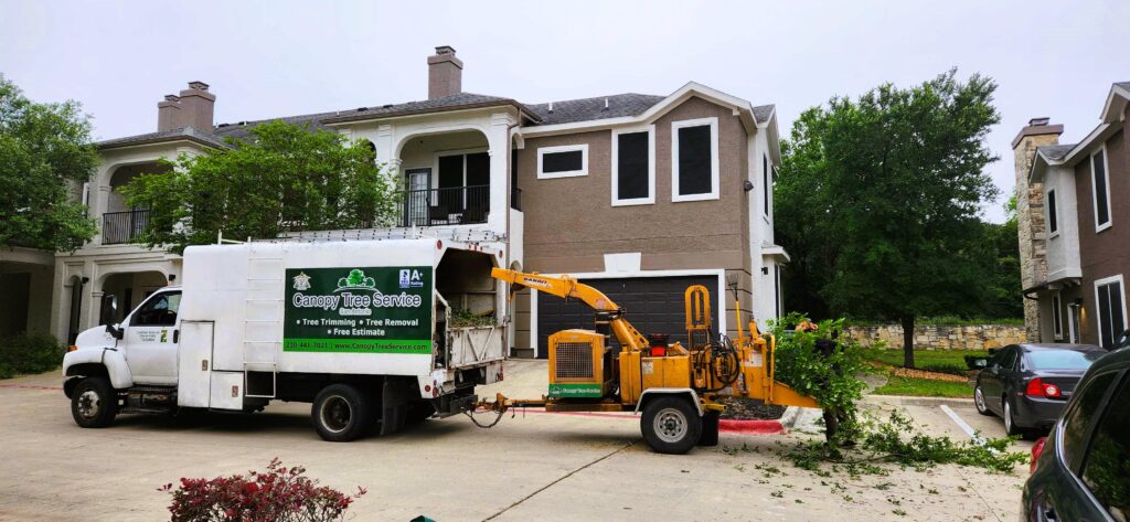 Tree trimming debris are fed into a chipper in front of an apartment.