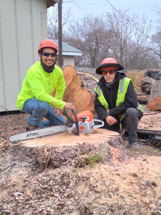 After removing a tree, two Canopy Tree Service men pose next to the remaining stump. A chainsaw rests on top of the stump which shows the stump was of significant width.
